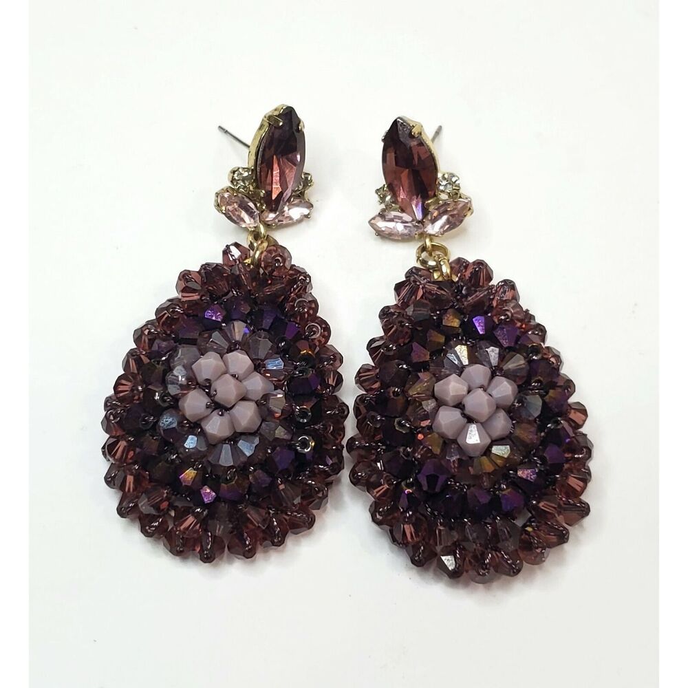 Gold Cake Purple Beaded Teardrop Rhinestone Earrings